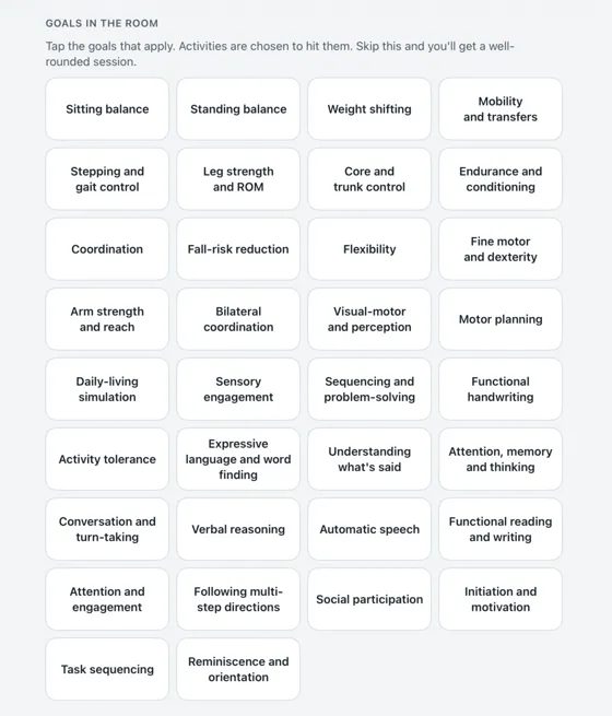 The goals picker in GroupFlo, listing goal areas such as sitting balance, weight shifting, fine motor and dexterity, expressive language and word finding, conversation and turn-taking, and reminiscence and orientation.