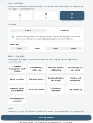 GroupFlo session setup with speech therapy selected under who's attending, the room set to one-on-one for thirty minutes, speech goals listed, and a build my session button.