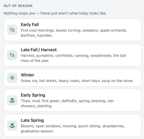 Out-of-season themes in GroupFlo: Early Fall, Late Fall and Harvest, Winter, Early Spring, and Late Spring, each still selectable.